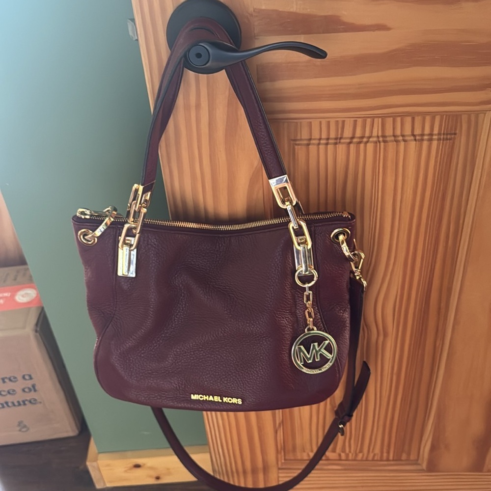 Michael Kors Burgundy Leather Shoulder Bag with Gold Accents